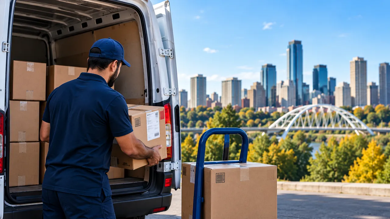 Courier unloading parcels in an Edmonton delivery setting