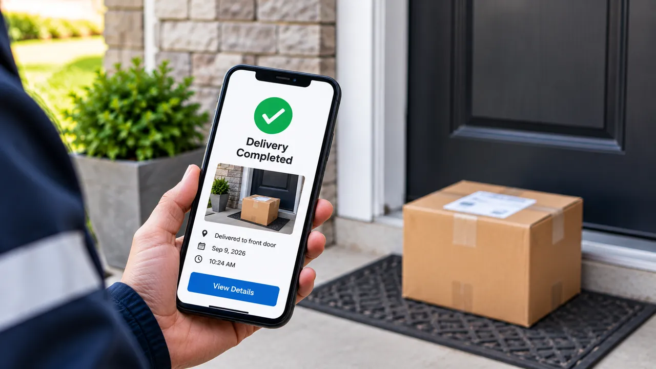 Delivery confirmation shown on a phone beside a delivered parcel